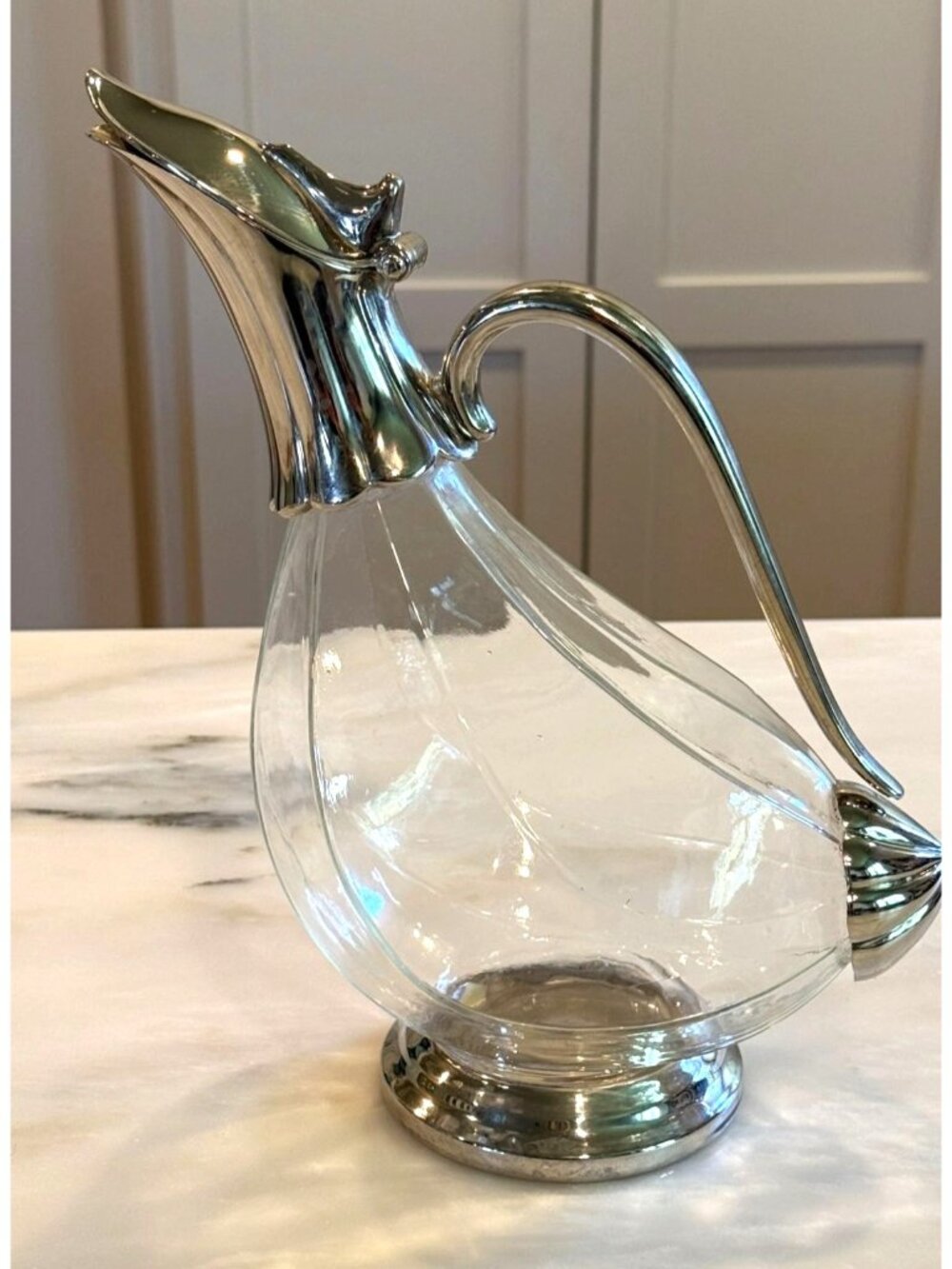 Vintage Glass Pitcher Silver Plate Swan Duck Ewer Decanter - Picture 5 of 7